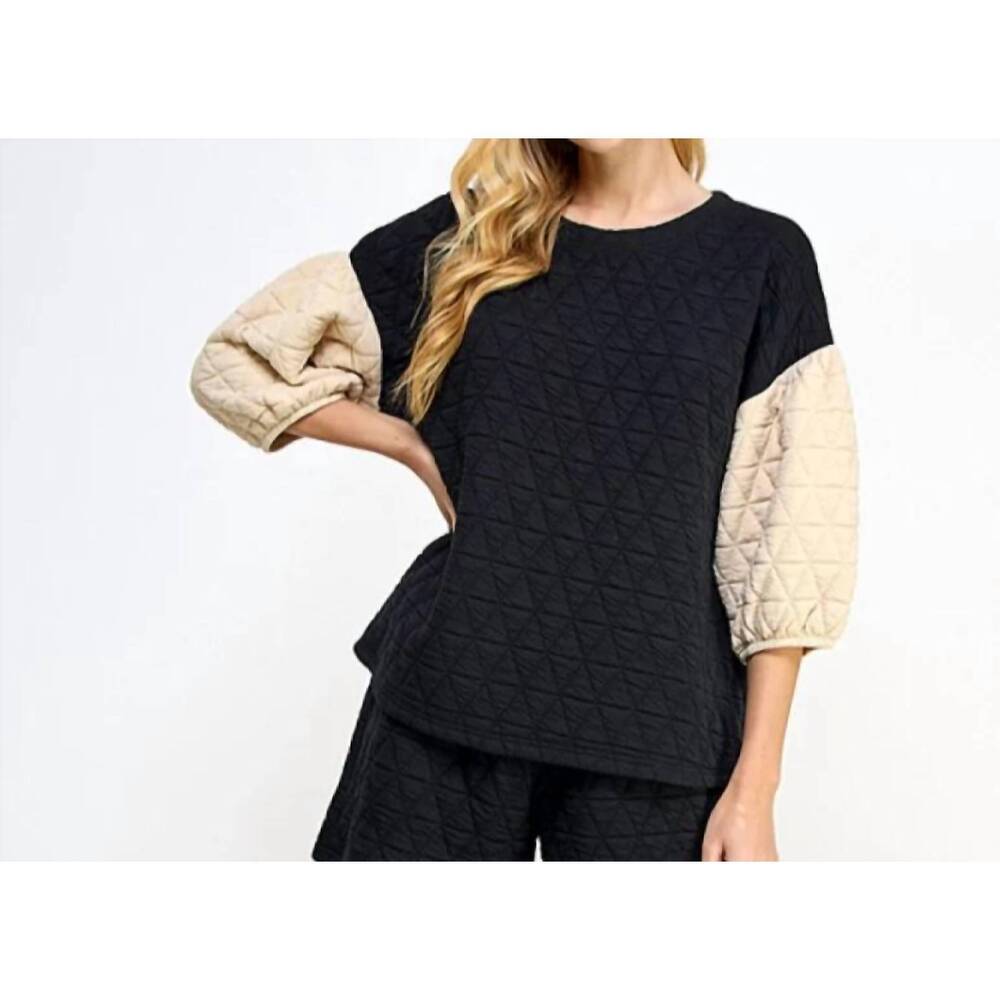 NEW SEE AND BE SEEN paloma puff sleeve top in black with cream sleeves